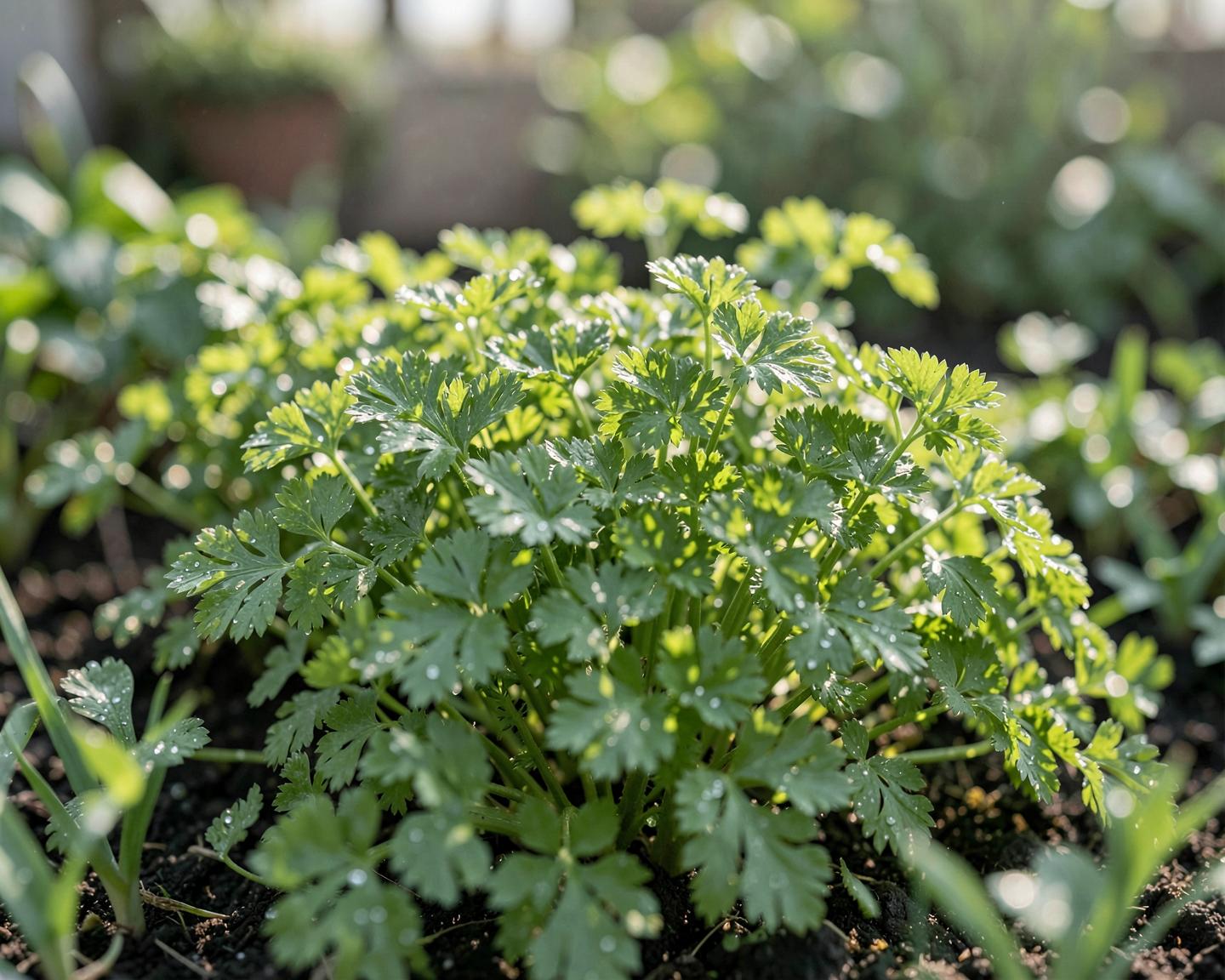 A sunlit garden bed of fresh growing parsley in soft morning light